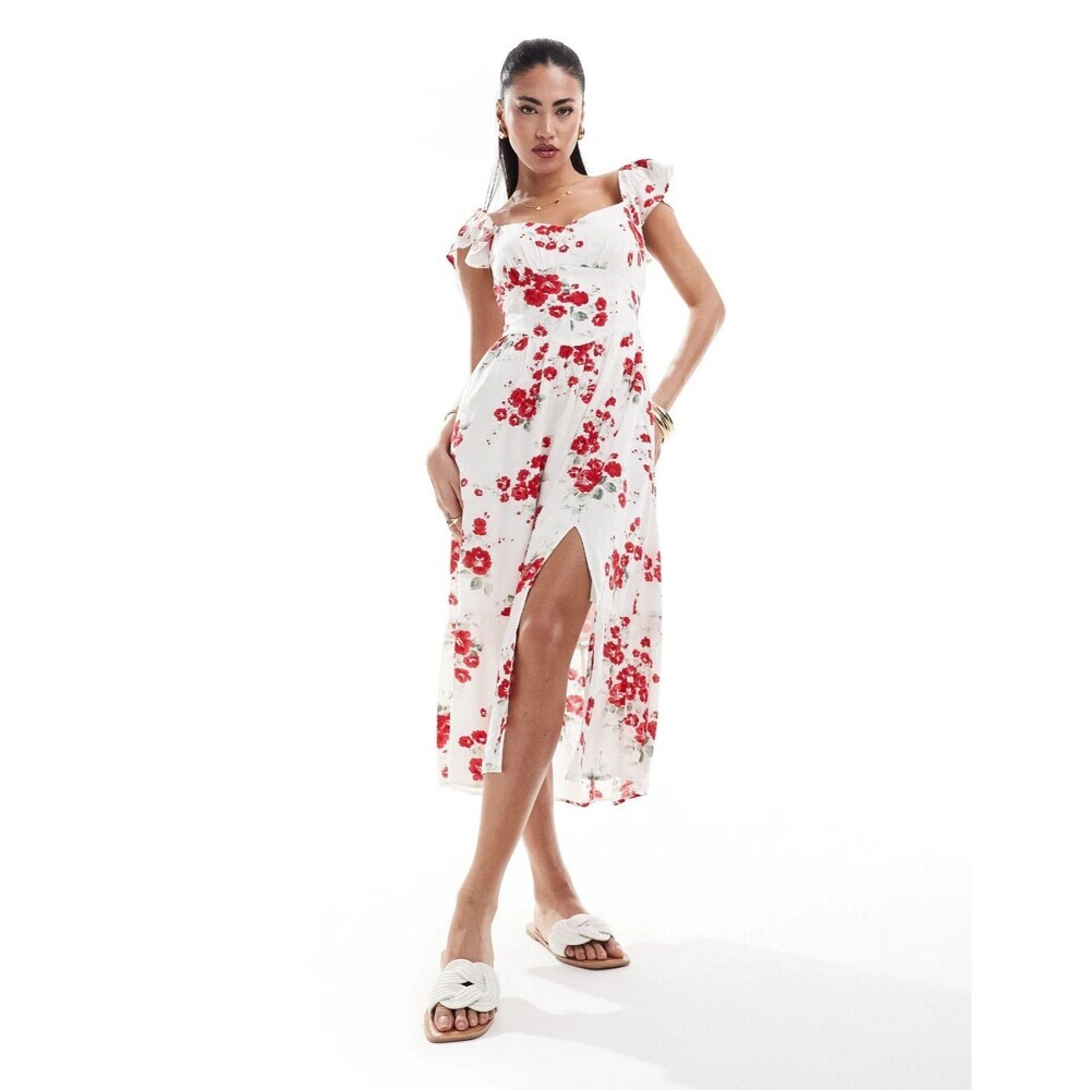 Women's HOLLISTER Floral Print Flutter Sleeve Side Slit Lace-Up Back Dress Med